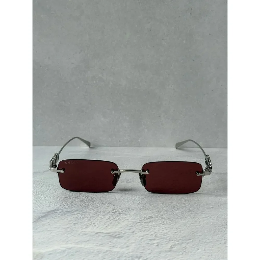 NEW Gucci GG1808S Silver Crystal Rimless Red Lens Sunglasses